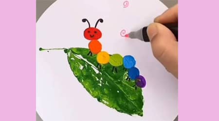 Let's make a caterpillar with finger paint and leaf